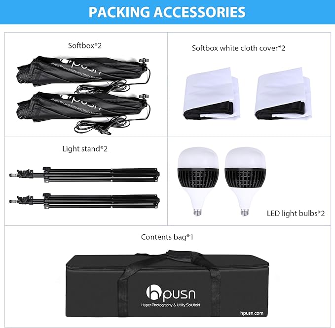 HPUSN Softbox Lighting Kit 2x76x76cm Professional Continuous Studio Photography Photo Studio Equipment with 2pcs E27 Socket 85W 6500K LED Bulbs for Portrait and Product Shooting