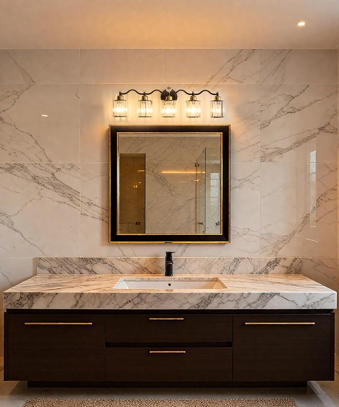 Black&Gold Bathroom Vanity Light Fixtures Over Mirror,5-Light Crystal Bathroom Light Fixtures,Vanity Light Fixtures Over Mirror,Wall Sconce with Clear Crystal Glass Shade, Kitchen, Living Room