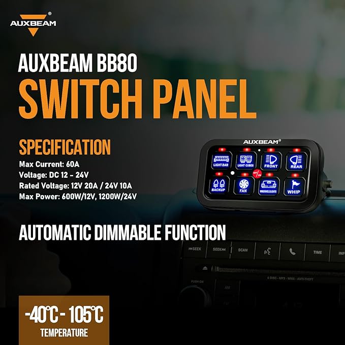 Auxbeam 8 Gang Switch Panel BB80 Universal Circuit Control Relay System Automatic Dimmable LED Switch Control Panel Switch Pod Touch Switch Box for Car Truck Offroad ATV SUV - Blue, 3 Years Warranty