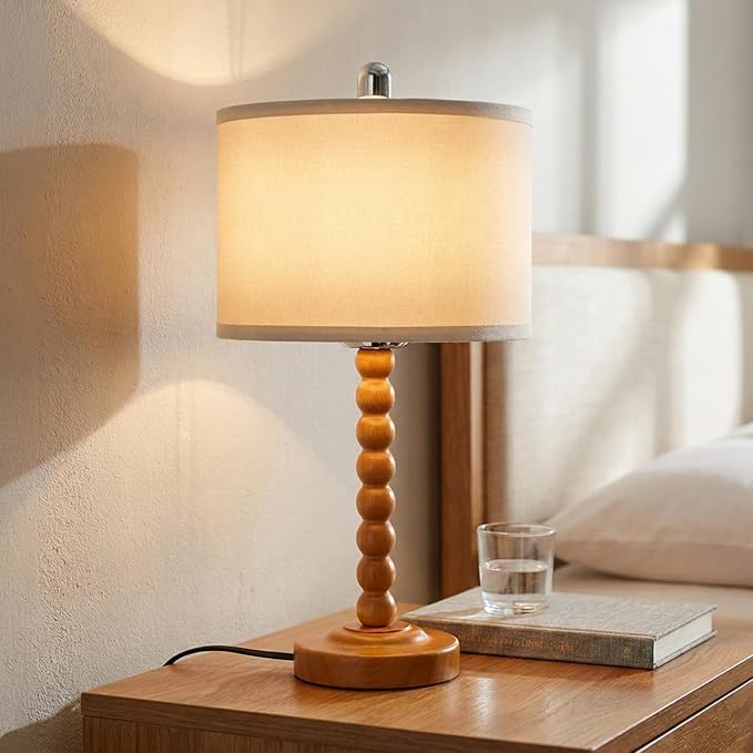 LALISU Farmhouse Table Lamp Wood Table Lamp Dimmable and Timer, Modern Nightstand Lamp Bedside Lamp with Fabric Shade for Living Room Bedroom Hotel (Rosewood)