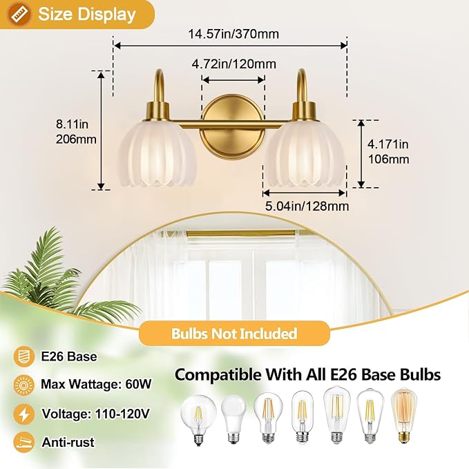 2-Light Bathroom Vanity Light, Brushed Gold Bathroom Light Fixtures with Ribbed Frosted Clear Tulip Glass Shades, Vanity Light Fixtures Over Mirror for Bedroom, Living Room, Hallway