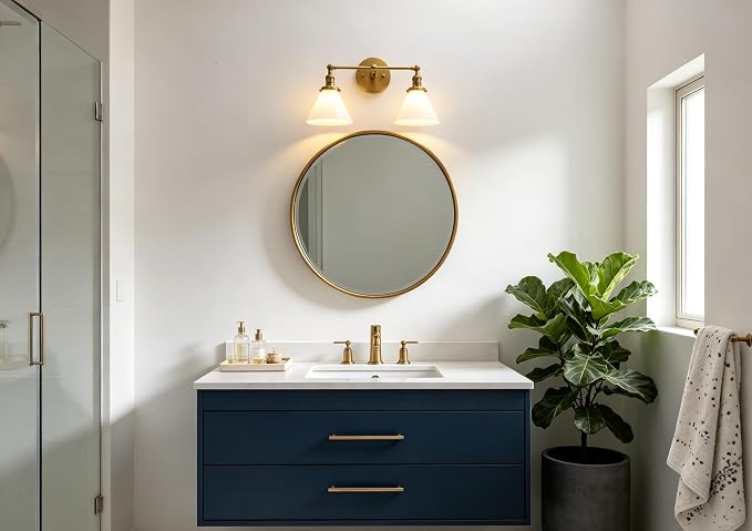 Double Sconce Vintage Industrial Gold 2-Lights Wall Sconces with Funnel Flared Glass Milk Glass Shade Antique Scocne for Bathroom Living Room Home Office