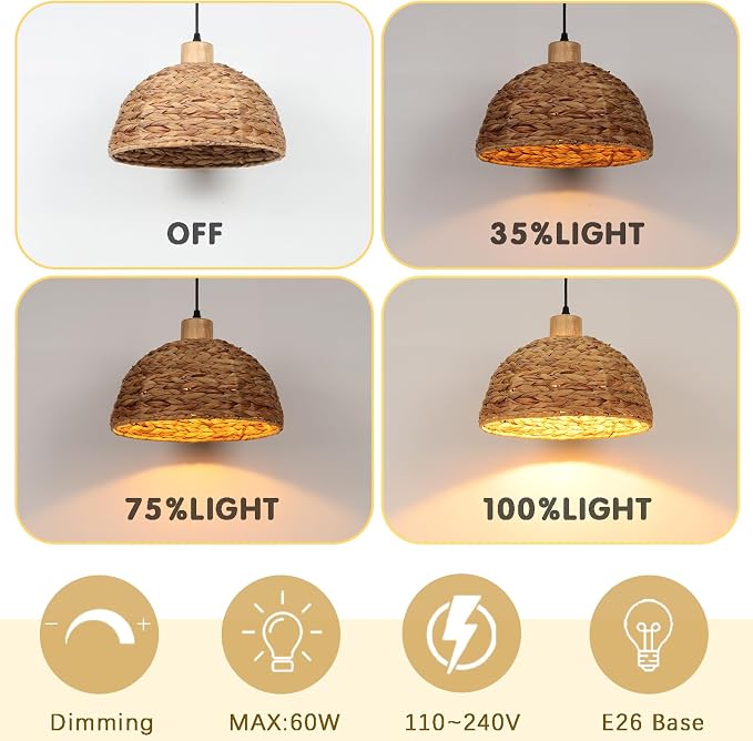 Boho Pendant Lights Kitchen Island, 11.8" Hand-Woven Rattan Light Fixture Bohemian Lighting Farmhouse Seagrass Weaving Hanging Ceiling Light Chandelier for Living Dining Room Restaurants