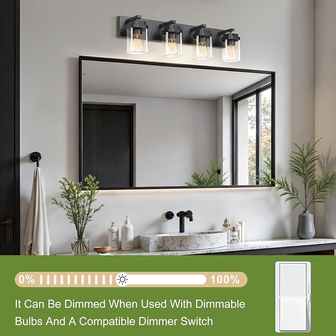 Black Bathroom Light Fixtures, 4 Lights Bathroom Lighting Fixtures Over Mirror, Square Design & Rectangle Large Backplate, Modern Vanity Lighting Fixtures, for Bathroom/Living Room/Bedroom