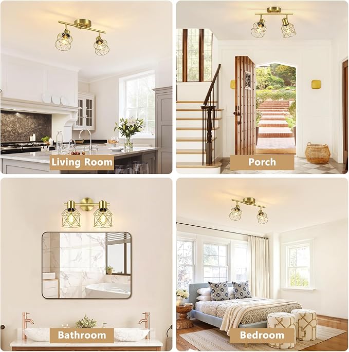 Baocuz 2-Lights Kitchen Track Lighting Ceiling, Adjustable Multi-Directional Gold Ceiling Light Fixtures, Rotatable Farmhouse Light Fixtures Ceiling Mount with Metal Cage for Dining Room, Living Room