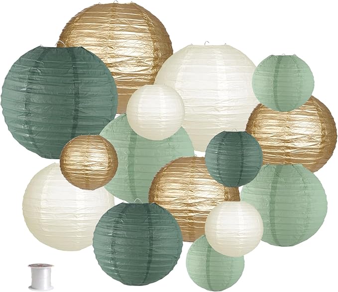 Paper Lanterns Decorative Round Hanging Paper Lantern Decor for Wedding Graduation Anniversary New Year Birthday Party Supplies Gold/Green/Sage/White Green 12pcs