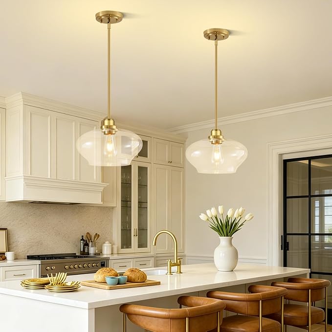 Modern Pendant Lights Kitchen Island, Brushed Gold Pendant Light Fixtures with 11" Clear Glass Shade, Industrial Hanging Pendant Lights Fixture for Kitchen Island Dining Room Bedroom Hallway Entryway