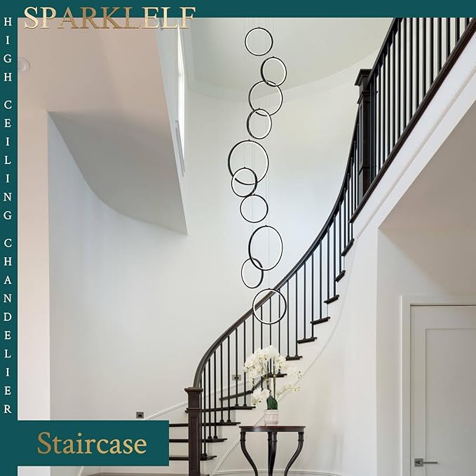 10 Rings Modern LED Chandelier for High Ceiling Dimmable Black Contemporary Pendant Light Fixture Long Foyer Chandelier for Entryway Staircase Dining Room Living Room, 3000-6500K