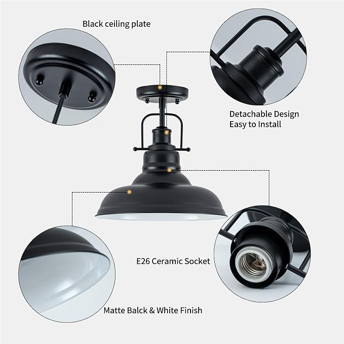Zlepmlla Famrhouse Ceiling Light, Semi Flush Mount Light Fixture with Metal Dome Shade, Balck Ceiling Light for Hallway, Entryway,Kitchen