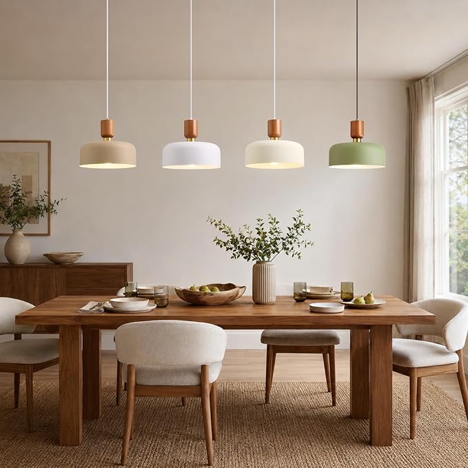 Modern Metal Green Pendant Light: 12" Chandelier Over Kitchen Island Sink | Wood Brushed Brass Mid Century Hanging Ceiling Light, Vintage Farmhouse Fixture for Dining Room Bedroom Hallway Entryway