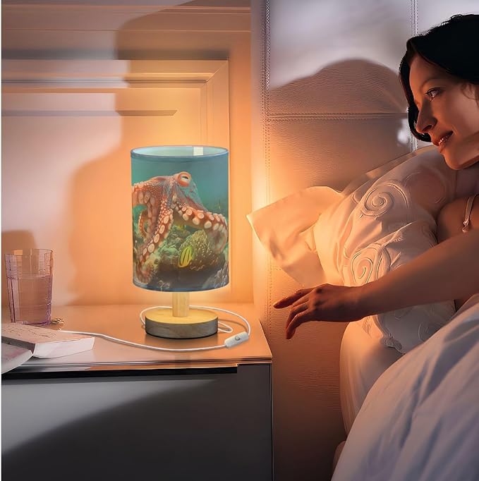 Fustylead Deep Sea Octopus Table Lamp for Bedroom USB Port Lamps Small Accent Table Lamp Nightstand Lamp Sturdy Linen Shade Wooden Base Decorative Lamps for Bedside Reading|Kids|Dorm|Home