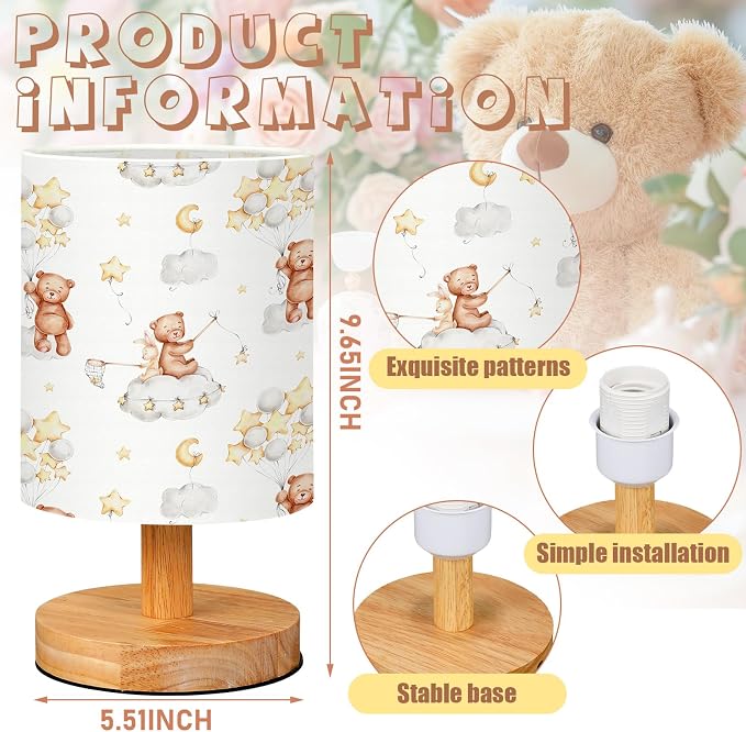 Bear Kids Table Lamp for Bedroom Kids Bedside Lamp with Linen Wooden Nightstand Cartoon Nursery Lampshade for Girls Boys Living Room