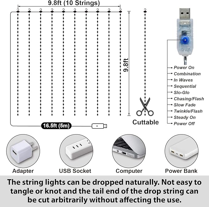 HXWEIYE 300LED Fairy Curtain Lights, 9.8x9.8Ft USB Plug-in 8 Modes Christmas String Hanging Lights with Remote for Bedroom Backdrop Wedding Indoor Wall Decor, Purple, Tangle-Free – 1 Pack