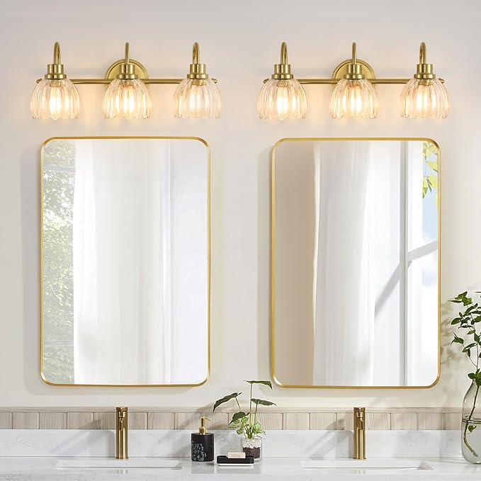 Bathroom Light Fixtures (3-Light, 20 Inch), Brushed Gold Vanity Lights for Bathroom with Ribbed Clear Tulip Glass Shade, Vintage Vanity Wall Lights for Mirror Bedroom Living Room Hallway