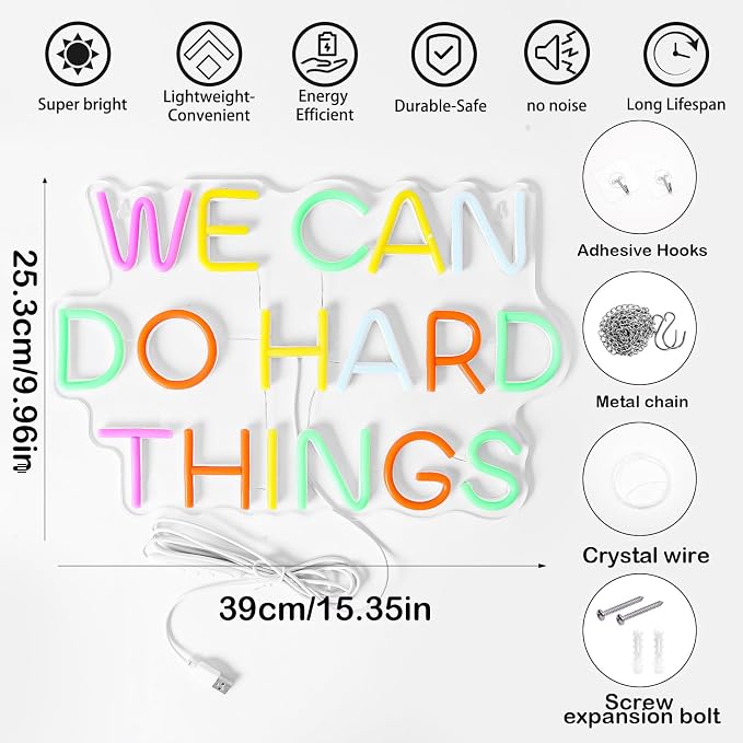 We Can Do Hard Things Neon Sign, Motivational LED Classroom Neon Light | Dimmable USB Powered Colorful Neon Light for Inspirational Classroom, Bedroom, Dorm, Office Decor, Teacher Gift, Student Gift