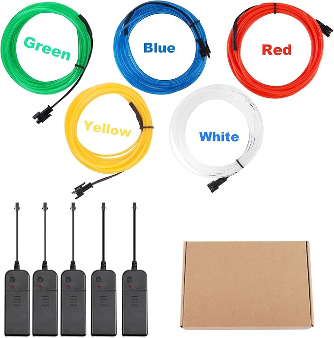EL Wire 5 Pack-9.8ft Portable Neon Rope Lights Strip-Wearable Battery Pack Body Lights-360°Illumination-Super Bright-Cuttable-DIY Halloween Christmas Party Bar Cosplay Costume