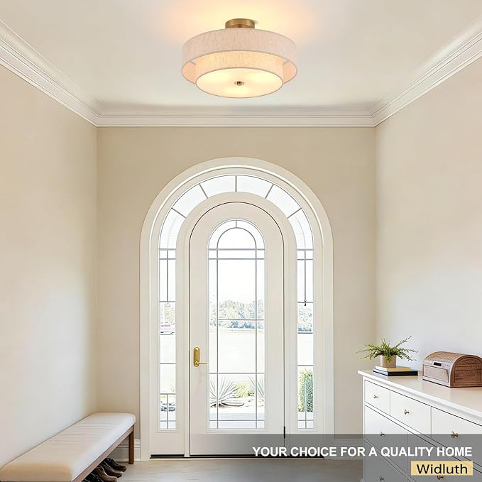 18" Gold Semi Flush Mount Ceiling Light, 3-Light Double Drum | Beige Linen Double Drum Shade, Modern Gold Light Fixture For Bedroom,Living, Kitchen,Laundry; Close-To-Ceiling, E26, Dimmable
