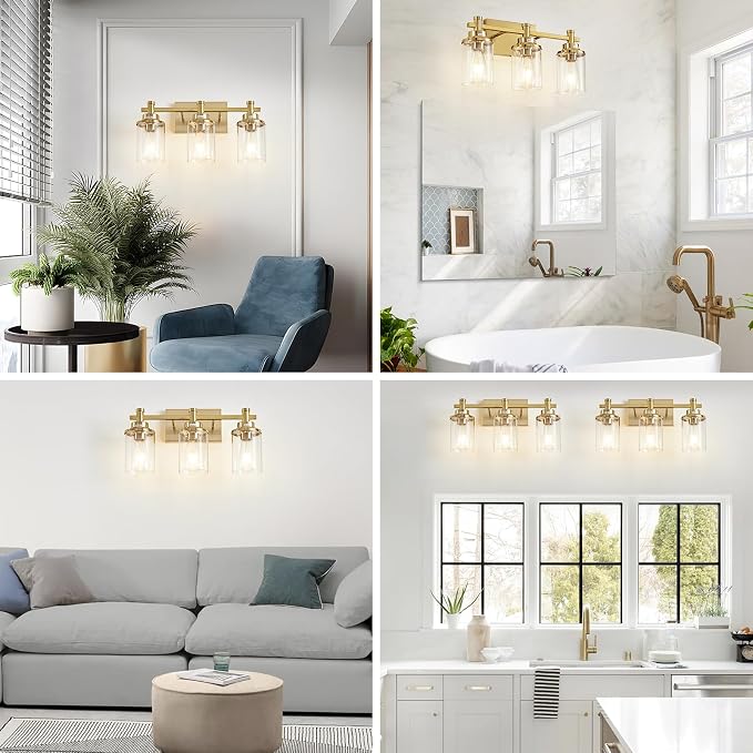 3 Light Gold Bathroom Vanity Light Over Mirror, Brushed Brass Vanity Light Fixture Modern Bath Wall Sconce Lighting Wall Mount Light Over Mirror for Vanity Table, Mirror, Bathroom
