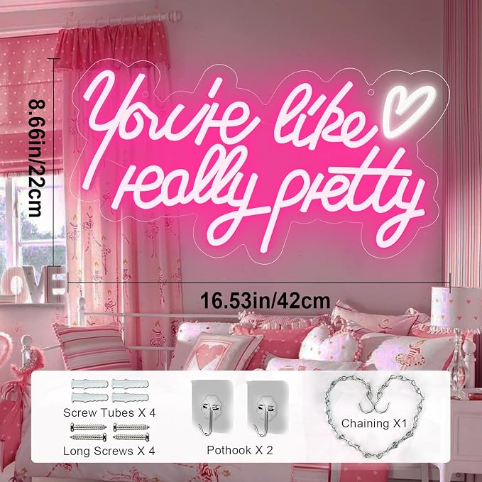 You're Like Really Pretty Neon Sign - USB Powered Pink LED Light for Girls | for Women Teen Girlfriend, Bedroom Wall, Spa Nails Bar Lounge Room Decor, Gifts, Dimmable, Soft, Easy Hanging Install, 16.5in