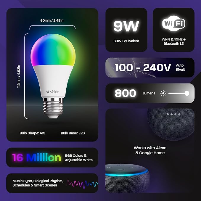 Smart LED Light Bulb, 9W (60W), Tunable White, Dimmable, Music Sync, 16 Million Colors, WiFi+Bluetooth, Compatible with Alexa & Google, Circadian Rhythm, No Hub Required, A19 E26, 800 Lumens