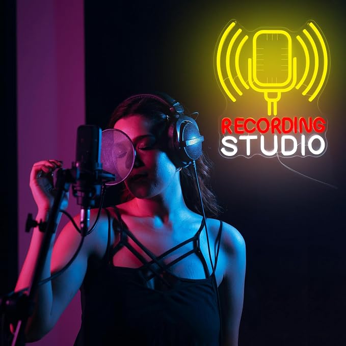 Recording Studio Neon Sign Microphone LED Light for Music Room Decor, Vintage Mic Wall Art for Home Studio Podcast Room, Singer Musician Gifts, Karaoke Bar Wall Decoration(12.2 * 14.5inch)