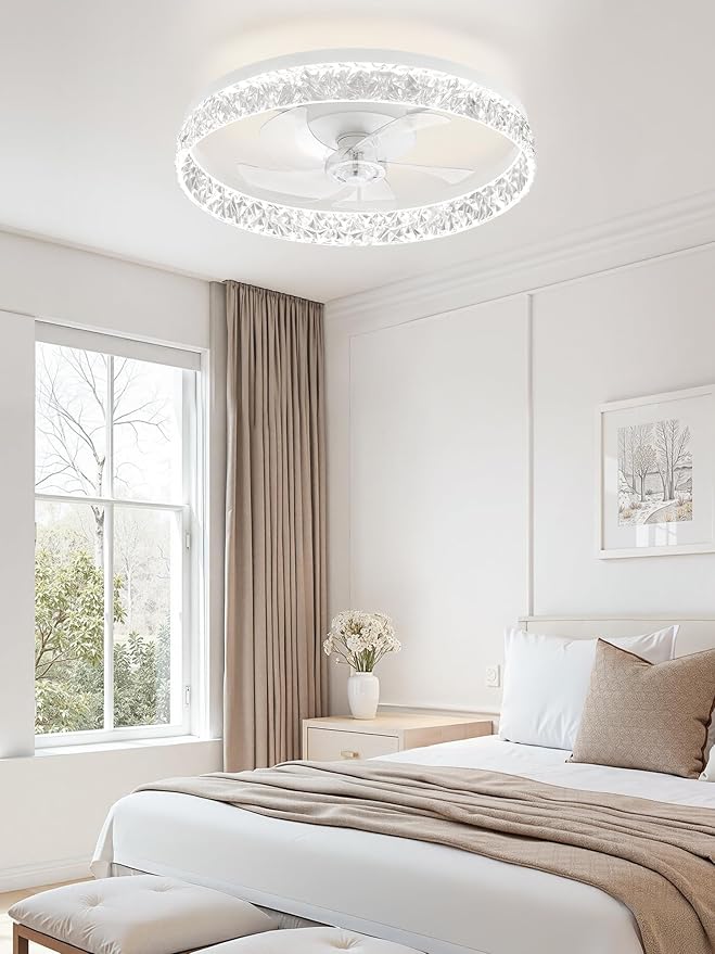 LEDIARY 22 Inch Ceiling Fans with Lights and Remote, Fandelier Low Profile Ceiling Fan, 3000K-6000K Dimmable Flush Mount LED Fan Light, White Modern Ceiling Fans with Lights for Bedroom
