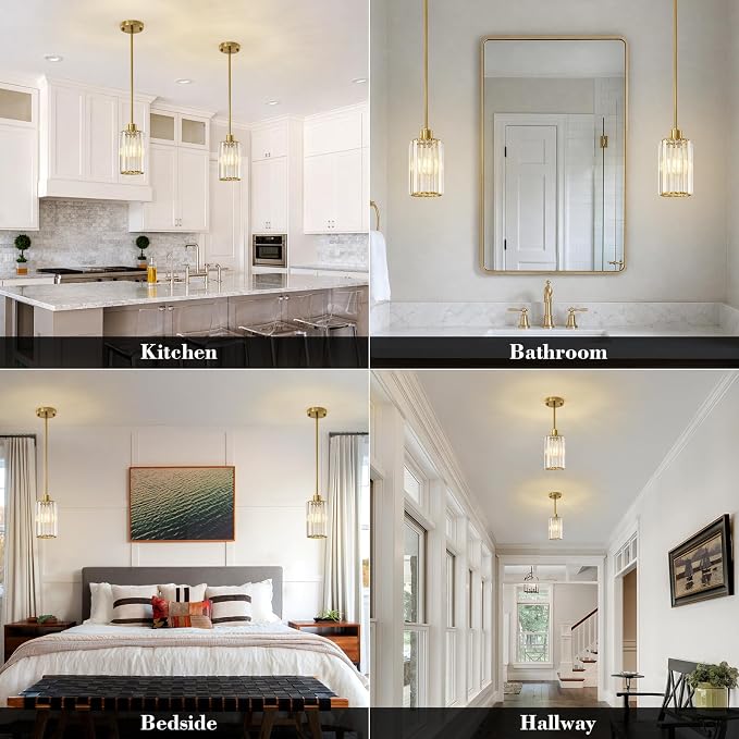 5.1" Mini Modern Gold Crystal Kitchen Island Pendant Lights 2 Pack | Small Crystal Glass Shade, Sparkling Crystal Reflection, Customizable Hanging Height,Fits Most Ceilings, Modern Brushed Brass