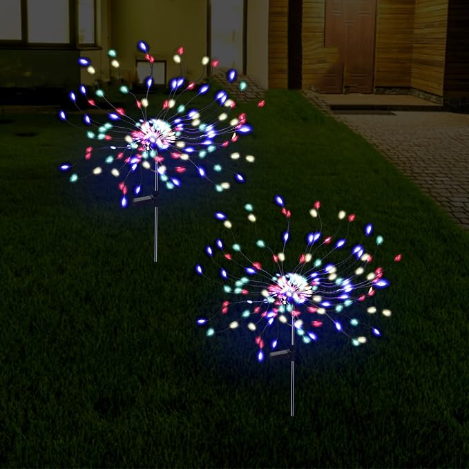 PXBNIUYA 2 Pack 175 LED Solar Firework Lights Outdoor, 4th of July 2 Modes Solar Garden Light Waterproof Twinkling Light, Starburst Lights for Landscape Path Halloween Christmas Decor (Colorful)