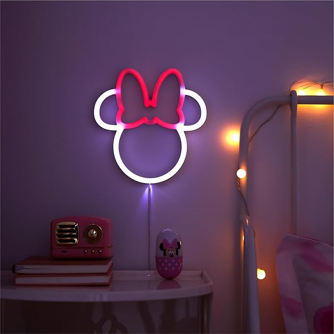 Disney Minnie Mouse Neon Figural LED Hanging Wall Art, Kids Bedroom & Playroom Wall Décor, 6.8” x 11”