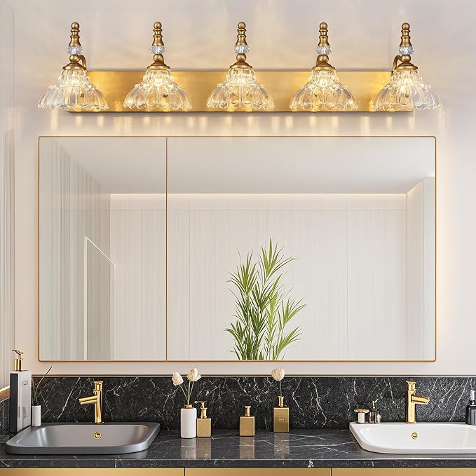 Vintage Bathroom Vanity Light, 5-Light Brass Vanity Lighting Fixture with Flower Glass Shade, Bathroom Lighting Fixtures Over Mirror