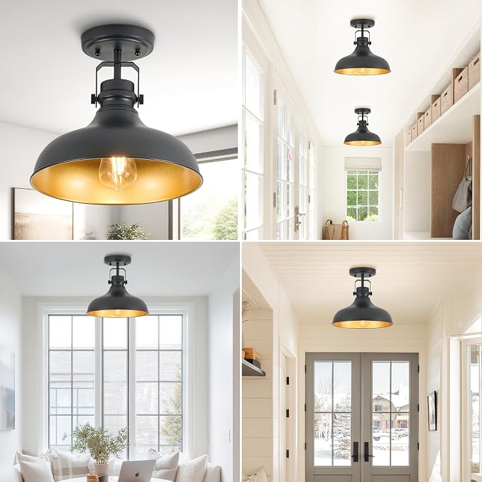 Metal Semi Flush Mount Light Fixture 11.4 inch Ceiling Light Black | ETL Certificate,Hallway Light Fixtures for Kitchen,Hall,Bedroom,Bathroom,Entryway 1 pack