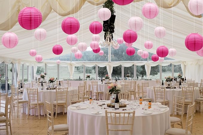 21-Pack Pink Paper Lanterns, Hanging Round Party Decorations | 4/6/8/10 inches Indoor Outdoor Decor for Halloween, Valentines Day, Wedding, Birthday, Baby Showers, Tea Party & Classroom