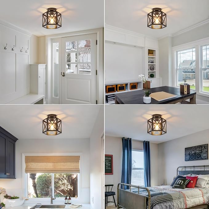 XSDeTu 2 Pack Farmhouse Semi Flush Mount Ceiling Light, Industrial Black Hallway Light Fixture, Small Metal Cage Close to Ceiling Lights for Kitchen Sink Porch Bedroom