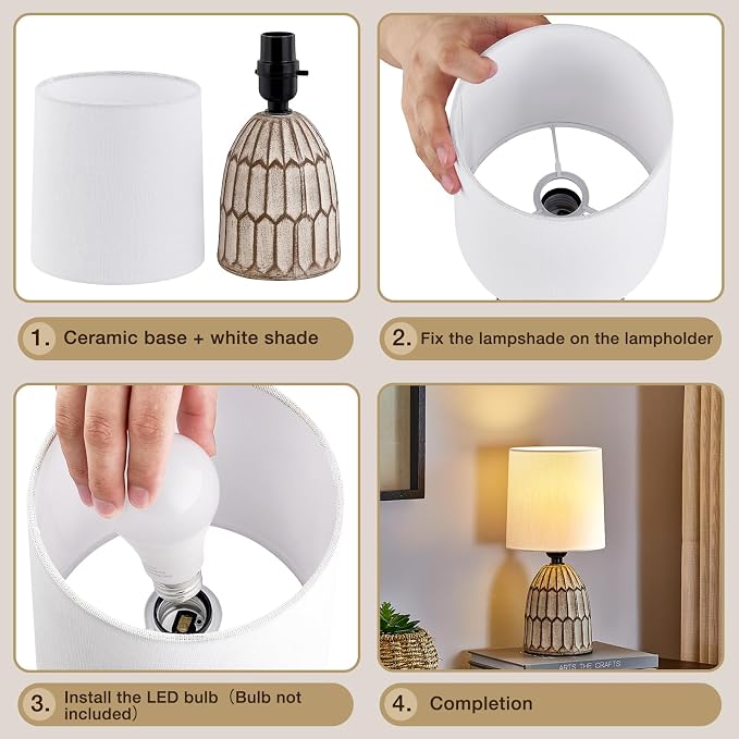 EJIAXIN Small Table Lamp -13.5" Boho Lamp - Bedside Lamps - Farmhouse Rustic Ceramic Table Lamp for Bedroom, Living Room, Nightstand, Office, Side Desk Lamp, End Table Lamp