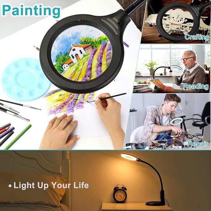 10X Magnifying Glass with Light and Clamp, 5 Color Modes Stepless Dimmable Lighted Magnifier with Stand, Flexible Gooseneck LED Desk Lamp Hands Free for Craft Reading Painting Hobby Close Work