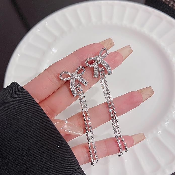 Luxval Rhinestone Earrings Dangling for Women Sparkly Silver Dangle Earrings Girls Long Chandelier Earrings Tassel Lightweight Ear Studs Cubic Zirconia Crystal Statement