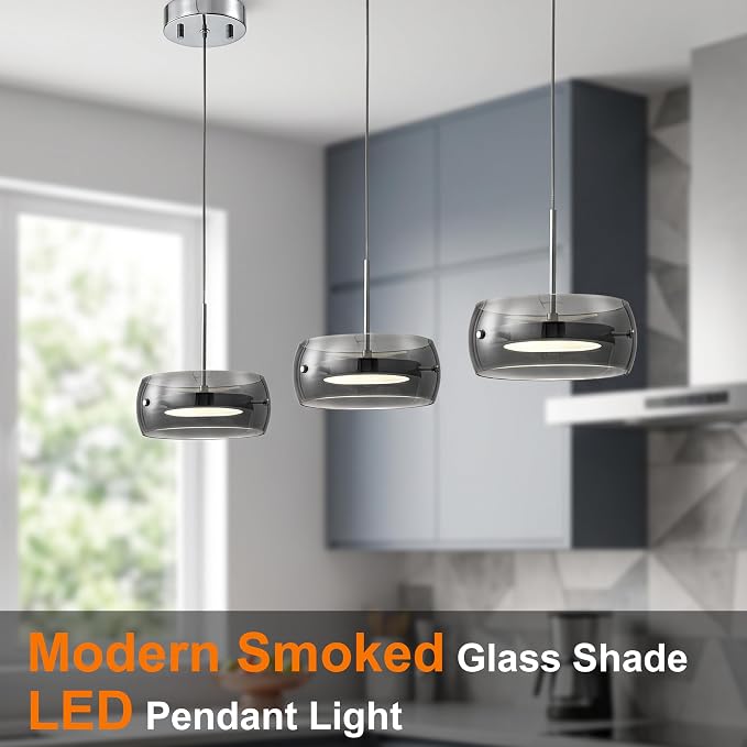 3-Modern Pendant Lights Kitchen Island, Dual-Sided LED 3-CCT Dimmable Smoked Glass Hanging Lighting Fixture, Adjustable Cable for Dining Room, Bar, Over Table, Sloped Ceiling Chrome Silver