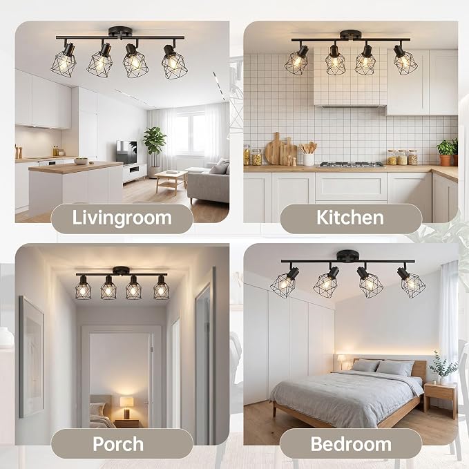 4-Lights Semi Flush Mount Ceiling Light, Adjustable Multi-Directional Track Lighting Fixtures, Rotatable Farmhouse Light Fixtures Mount with Metal Cage for Kitchen, Dining Room, Living Room