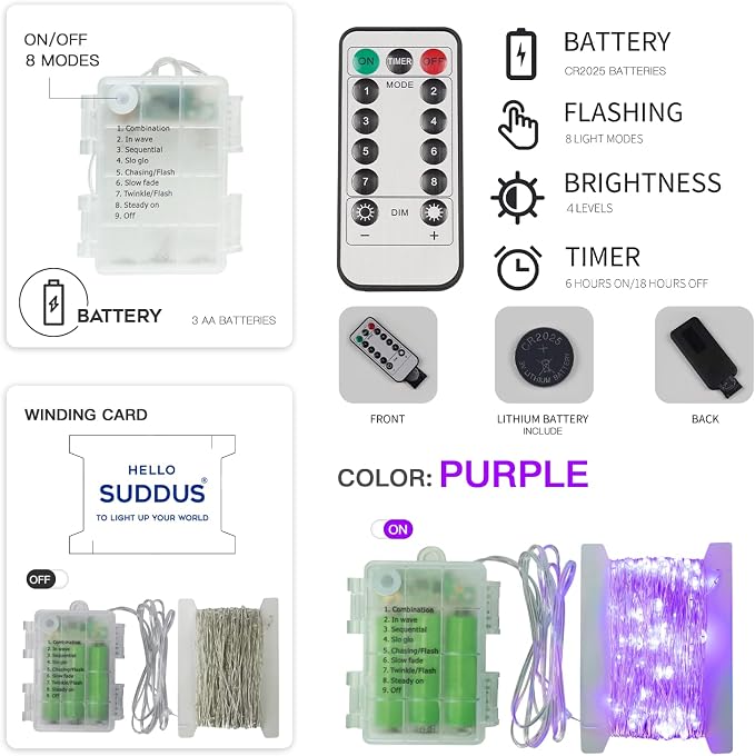 Hallowee Fairy Lights Battery Operated, 33ft 100 LED Fairy Lights with Remote, Purple String Lights for Outside, Porch, Home, Backyard, Window, Yard, Garland, Party Decorations