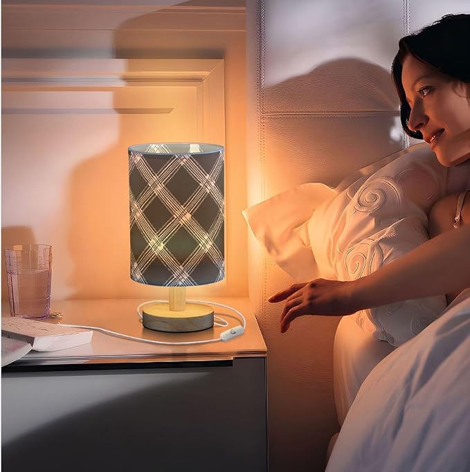 Fustylead Black and White Plaid Check Bedside Table Lamps with USB Port for Bedroom Lamp Table Lamp Small Nightstand Lamp Sturdy Linen Shade Wooden Decorative Lamps for Home Dorm Office Living Room