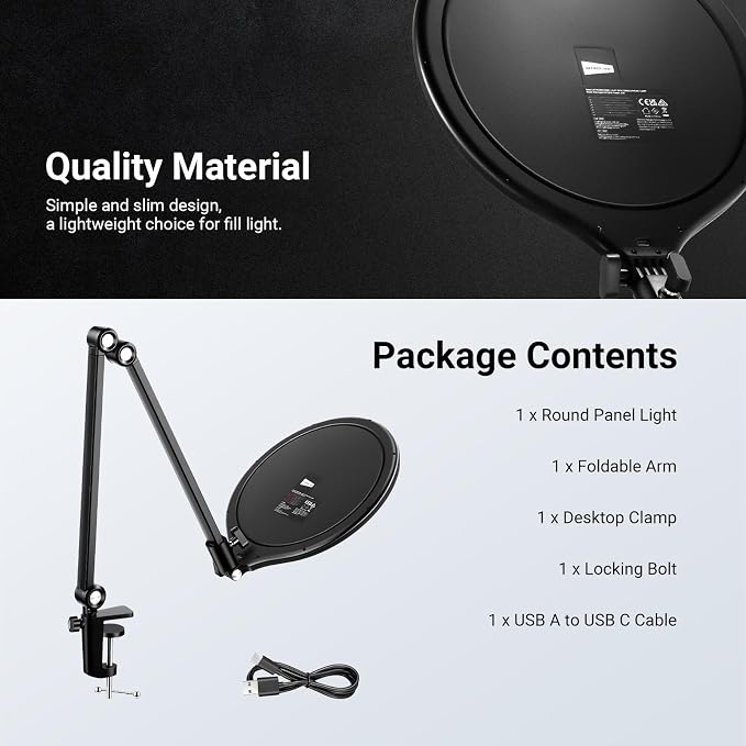 NEEWER Basics 10.5" Streaming Key Lighting, 3000-6500K 15W Full Screen LED Panel Ring Light with Adjustable Arm Stand Desk Clamp Timer for Laptop Computer Video Conference Zoom Makeup, R10