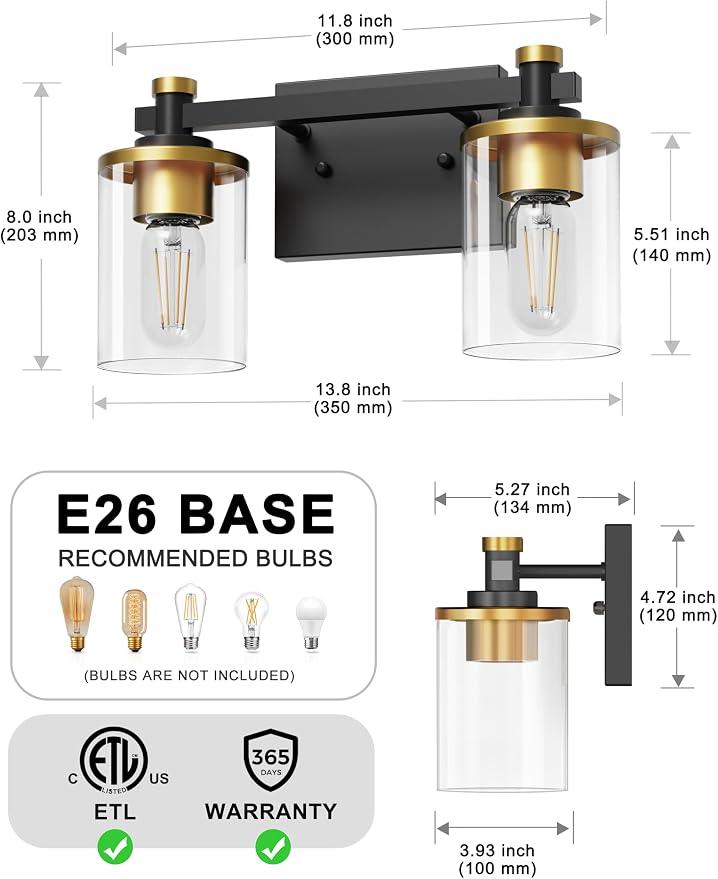 Bathroom Light Fixture, Bathroom Vanity Light Over Mirror, 2-Lights | Vanity Lights for Bathroom, Modern Lighting Fixtures with Clear Glass Shade, Black and Gold Vanity Lights, ETL Listed