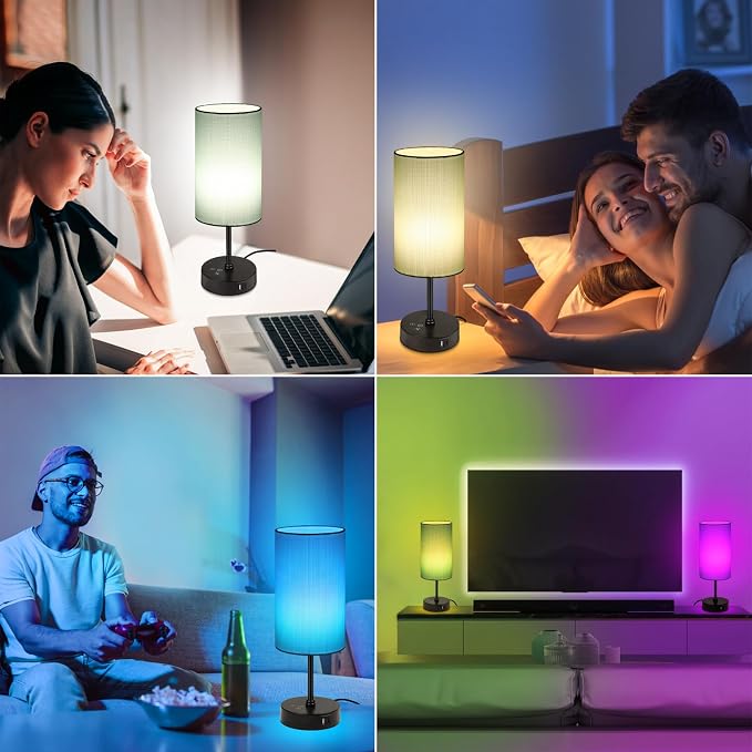 Table Lamp for Bedroom, 3 Color Temperatures, 7 RGB Colors, Adjustable Brightness, Dual USB Charging Ports, Ambience Nightstand Light with Blue Shade, Desk Lamp for Kids Reading Home Office