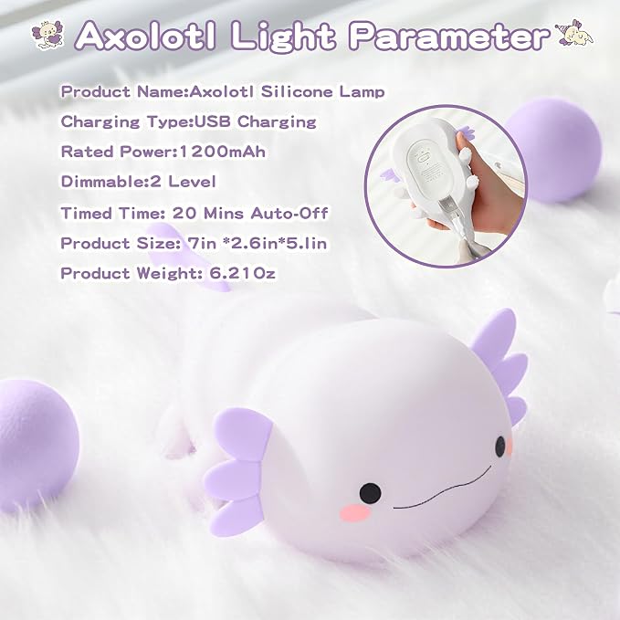 FAMIDUO Purple Axolotl Night Light for Kids,LED Squishy Bedside Touch Lamp | BPA-Free Soft Silicone,Dimmable,20Min Timer,Rechargeable Nursery Light, Girls Room Decor,Cute Gifts for Mom Baby Toddler
