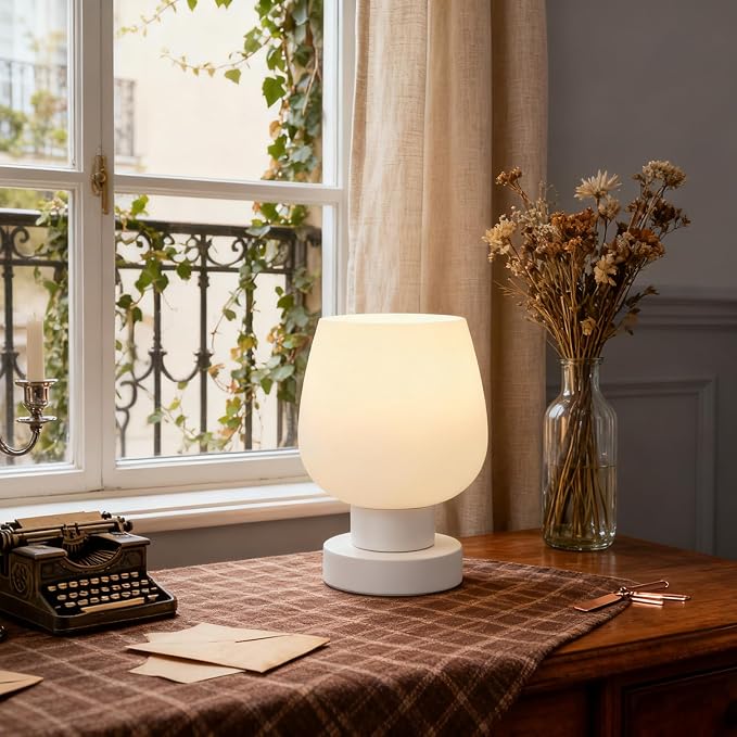 Touch Table Lamp with 3 Way Dimmable for Bedroom Nightlight Living Room, Modern Desk Lamp with LED Bulb, White Opal Glass Lamp Shade, Metal Base