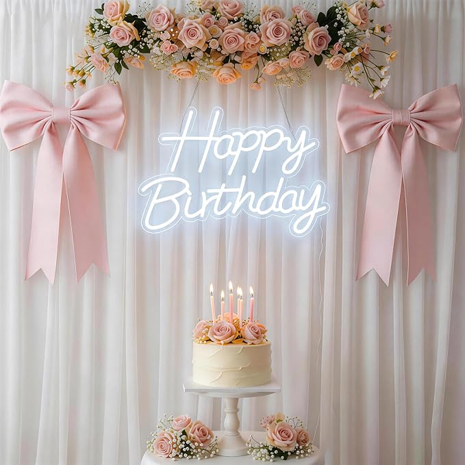 22" x 14.5" Happy Birthday Neon Sign for Backdrop, LED Happy Birthday Light Up Sign, USB Powered Dimmable Neon Light for Birthday Party Decorations, Wall Decor, White