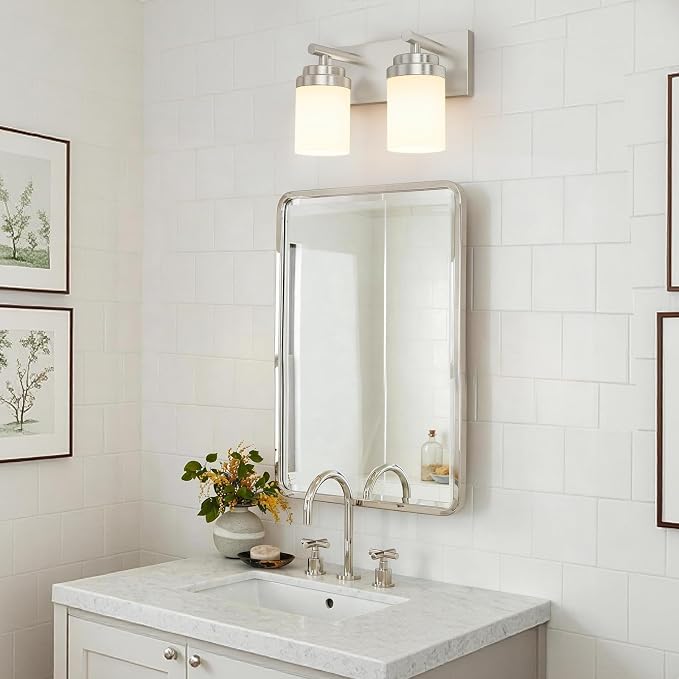 IZORRO Bathroom Vanity Light Fixture, 2-Light 15 Inch Brushed Nickel Bathroom Light Fixtures Over Mirror, with White Glass Shade, Modern Farmhouse Vanity Lights, Rustic Restroom Lighting Fixtures