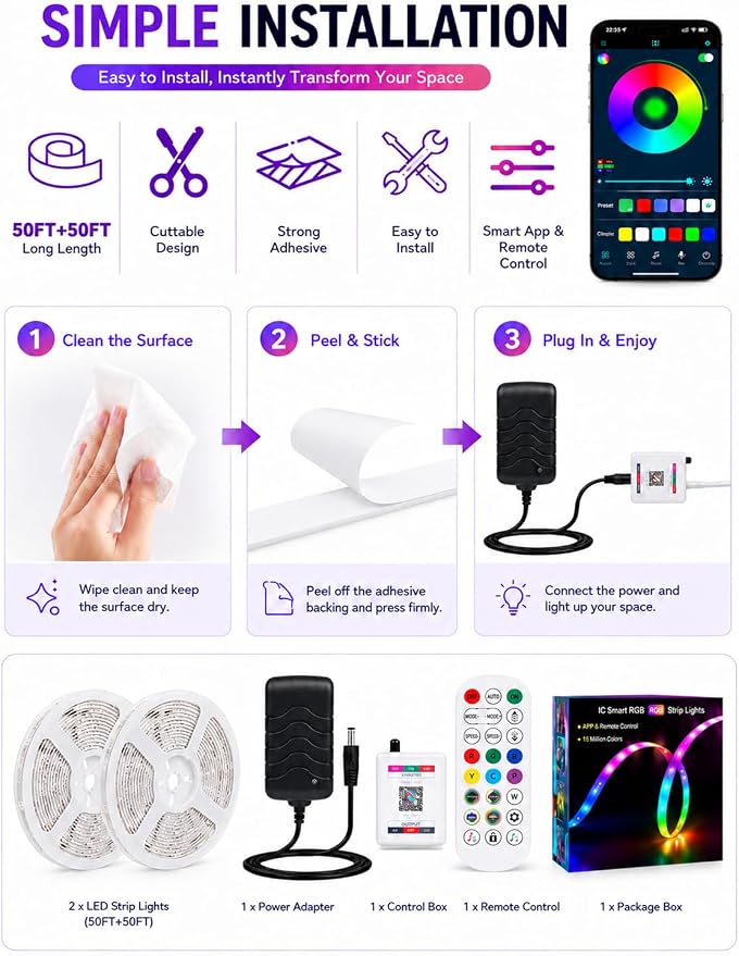 MFWW 100FT Strip Lights, Smart IC RGB LED Lights Multiple Colors on One Line, App+Remote Control, Timing, Multimodal, Music Sync, Color Changing Lights for Bedroom, Party Home Decor, (2 x 50ft)