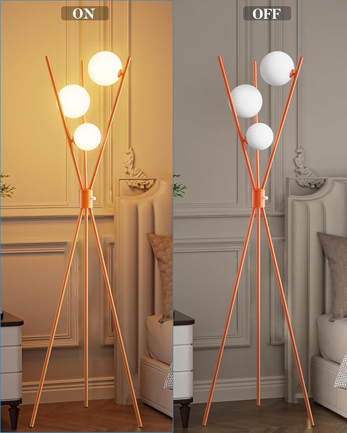 Lightdot Globe Standing Lamps Stepless Dimmable Tripod Floor Lamp with 3PCS 3000K Bulbs Included Stable Base Orange Mid Century Modern Floor Lamp for Living Room/Bedroom/Sofa Beside/Corner Decor