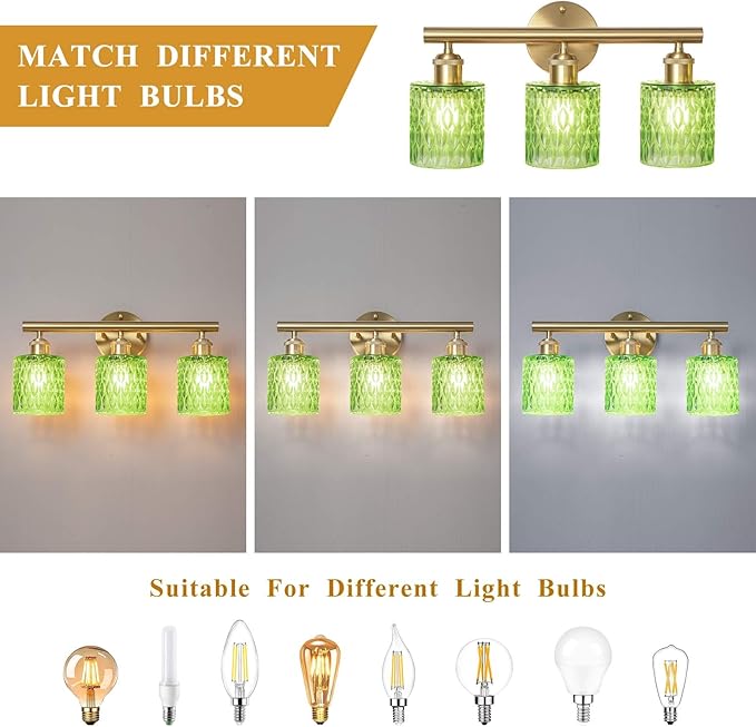 Bathroom Vanity Light, Gold Wall Fixture Over Mirror, Green Glass Shade Lighting with Bulbs Included for Bedroom & Living Room,3-Lights